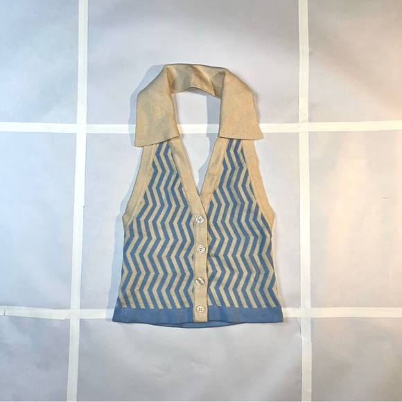White & blue zig zag striped halter top NEW Sz S - Picture 3 of 4